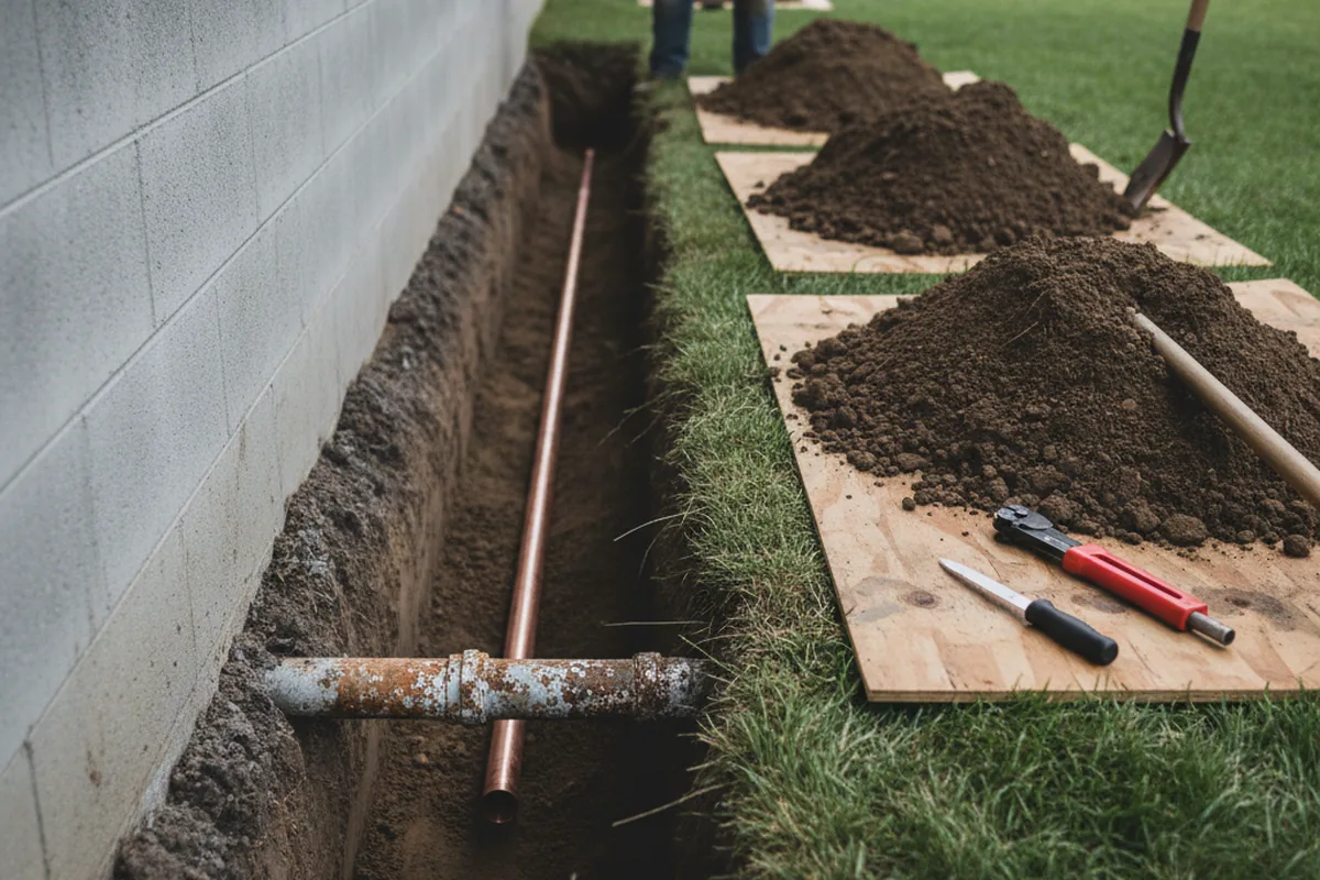 Excavated water line trench during Sewer Line Repair in North Branch